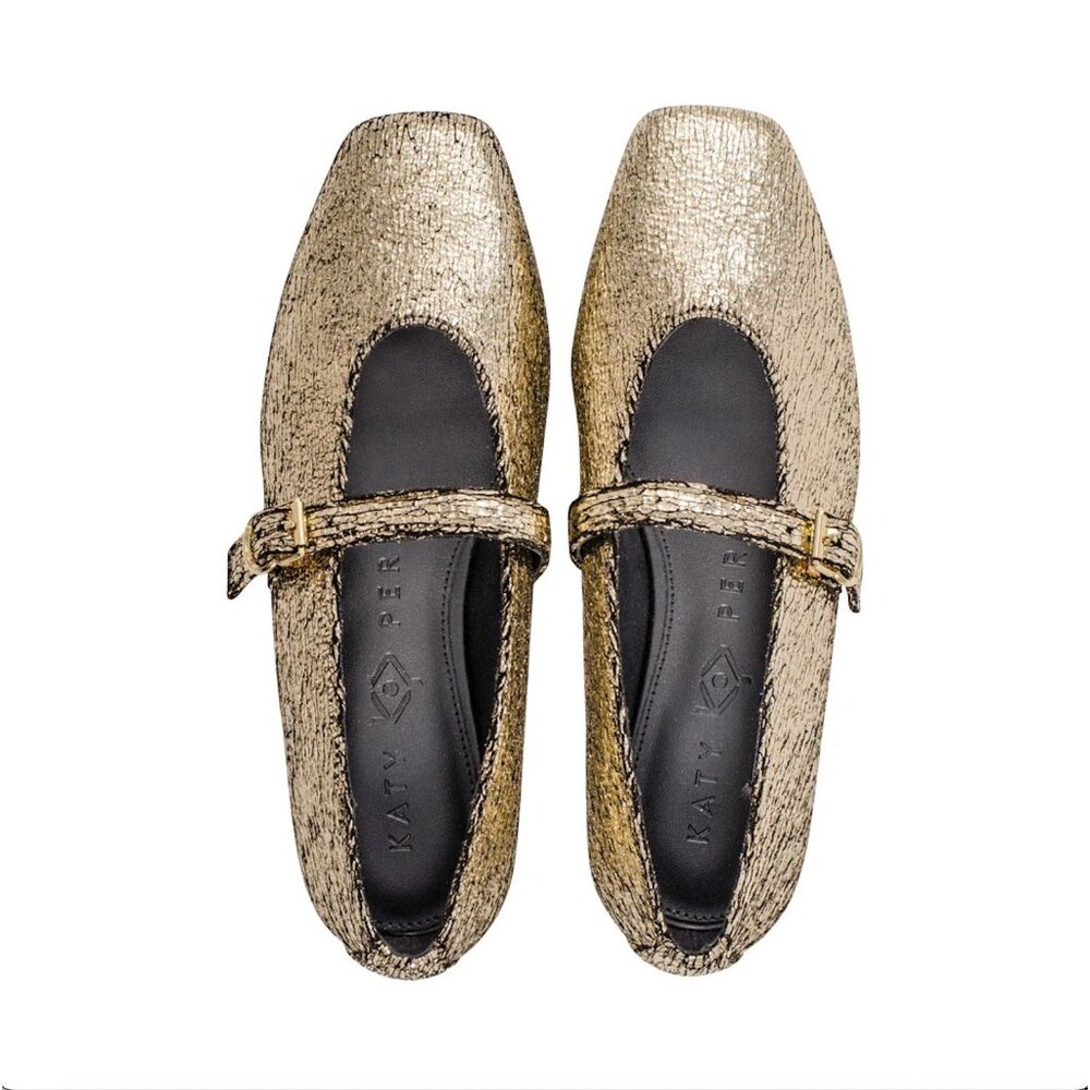 NEW Katy Perry The Evie Mary Jane Flats Size 9 / 39 Gold Metallic Memory Foam
